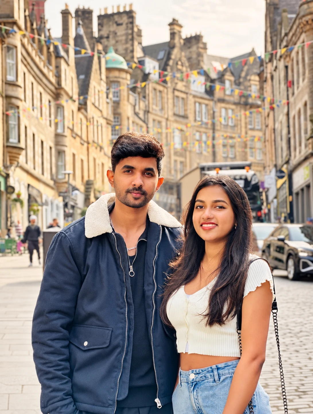 Ronn and Anna together on a historic city street