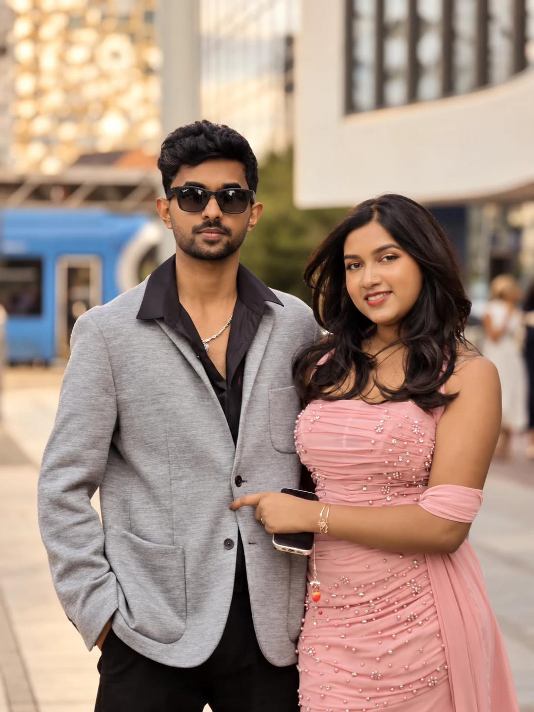 Ronn in a grey jacket and Anna in a pink dress, standing close together